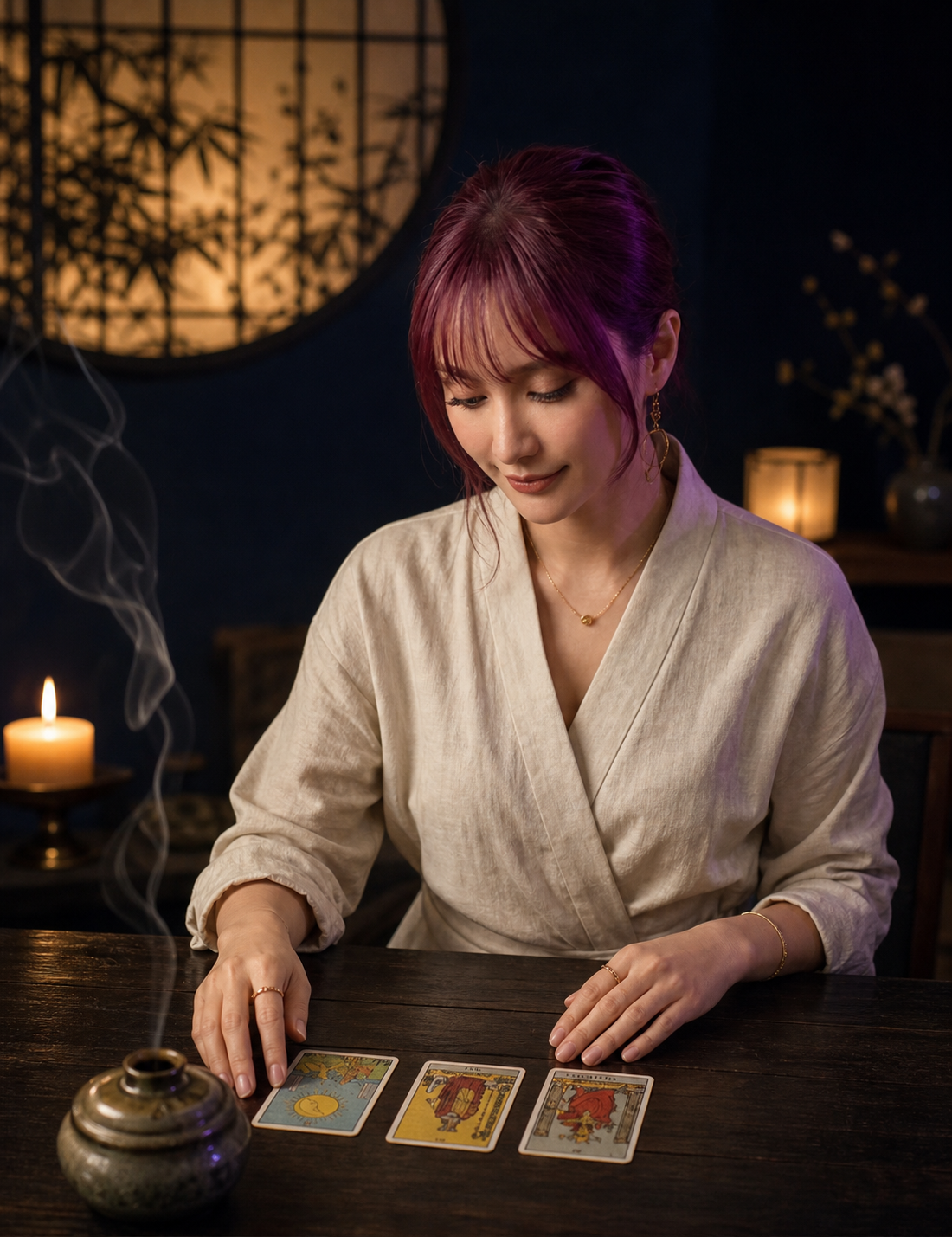 Riina Kushu offering a tarot reading in her candlelit studio